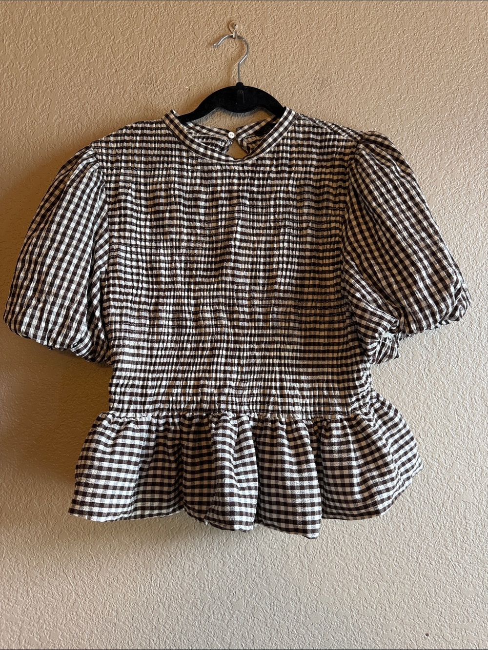 Zara Gingham Plaid Smocked Puff-Sleeve Peplum Blouse